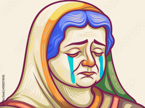 Emotional Portrait of a Sad Woman with Tearful Eyes in Colorful Style for Art Blogs, Emotional Awareness Campaigns, and Social Media Content  