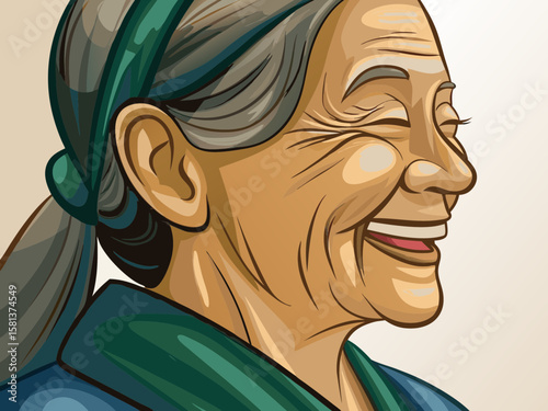 Smiling Elderly Woman with Gray Hair and Scarf in Profile for Cultural Awareness, Community Spirit, Age Diversity Blogs, and Social Media Content  