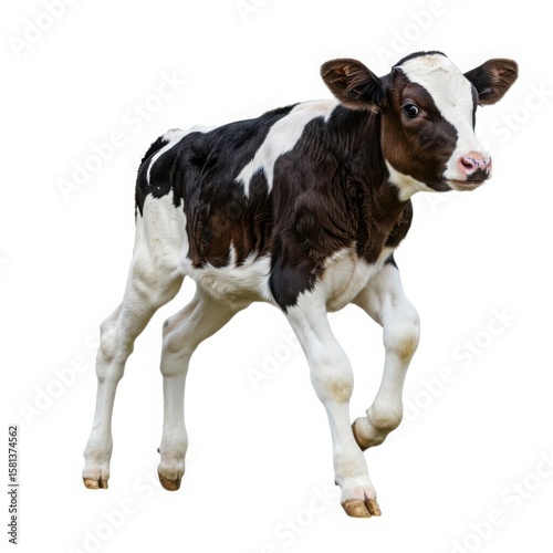 Young holstein friesian calf walking isolated on white background