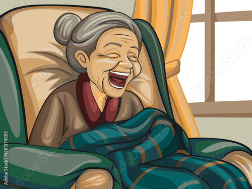 Joyful Elderly Woman Relaxing in Armchair with Blanket by Window for Illustrations, Blogs, Websites, Senior Care Awareness, and Family Content  