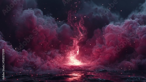 Fototapeta Naklejka Na Ścianę i Meble -  surreal glowing ember in black space with red mist and cinematic minimalism