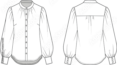 Flat Sketch of Long-Sleeve Blouse with Gathered Shoulders, Curved Hem, Button Cuffs and Front Closure, Ideal for Fashion Designers, Apparel Mockups, Illustrators