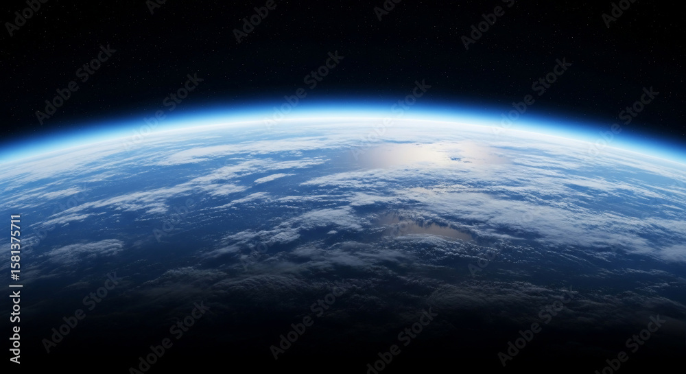 Obraz premium Our blue planet Earth viewed from space, showcasing the curved horizon, brilliant atmosphere, and swirling clouds