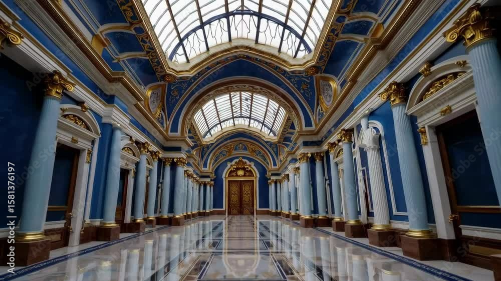 Majestic grand hallway with ornate ceilings and reflections in opulent interior architecture Majestic grand hallway with ornate ceilings and reflections in opulent interior architecture