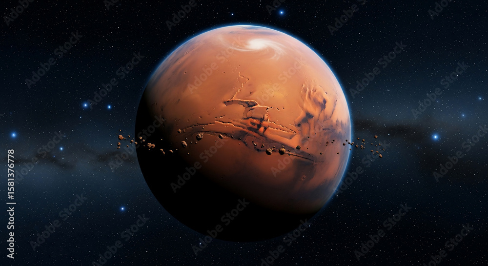 Naklejka premium Realistic 3D render of planet Mars in deep space, showing surface details and an asteroid ring