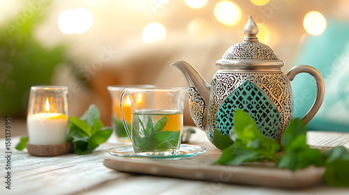 Traditional Moroccan mint tea set featuring decorative teapot, glass cup with fresh mint leaves, and candles creating warm ambiance