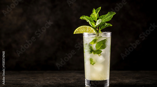 Refreshing tropical mojito with mint leaves and lime slice, served in tall glass, evokes sense of relaxation and enjoyment