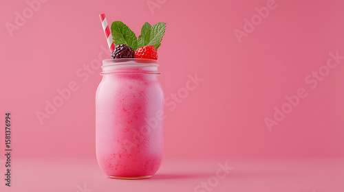 Vibrant berry smoothie in glass jar, topped with fresh strawberries, blackberries, and mint leaves, evokes refreshing summer vibe