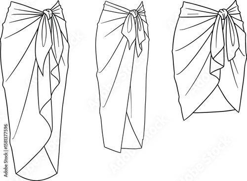 Sarong wrap skirt fashion vector template, three front knot tying styles sketch, varied drape illustration, beachwear garment design mockup, summer clothing art