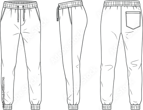 Jogger pants fashion vector template, unisex design sketch, front side back views, elastic waistband with drawstring, cuffed hem, garment mockup illustration style