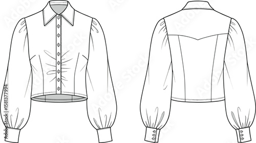 Women’s Blouse with Long Sleeves, Front and Back View Sketch, Collared Neckline Design, Pleated Cuffs Detail, Shaped Waist Silhouette, Garment Blueprint, Fashion Drawing Illustration