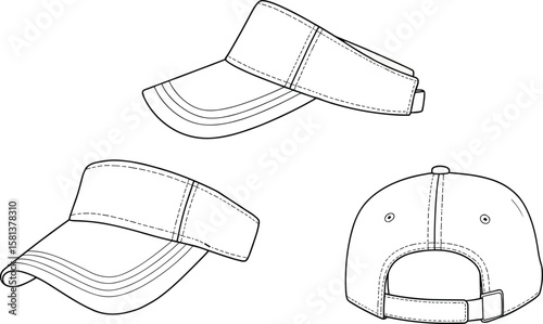 Baseball cap technical sketch, front back side views, garment mockup, adjustable strap design, curved brim illustration, minimalist headwear, clothing accessory template