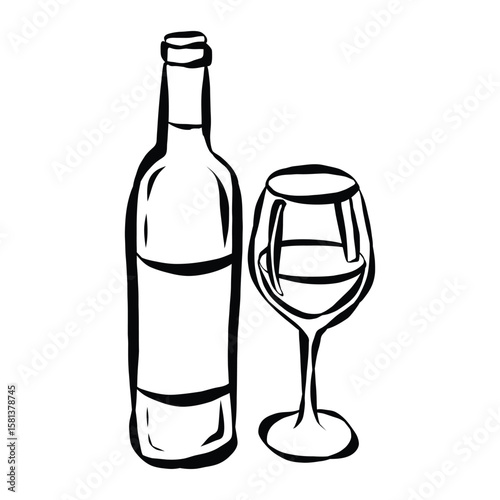Whimsical chalk doodles of wine glass and bottle. Quirky icons of breakfast and dinner meals in crayon style. Crayon drawing for menus and invitations. La dolce vita italian vector illustration
