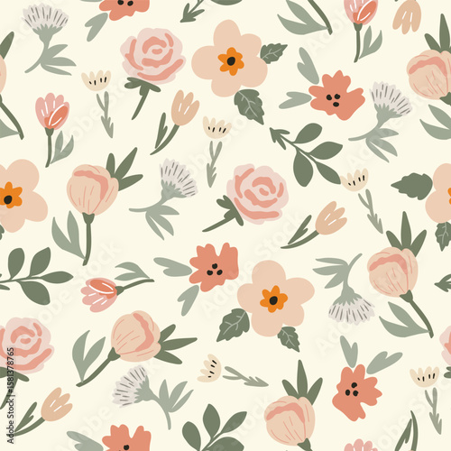 Seamless abstract vector pattern with delicate pastel flowers for background, fabric or packaging design.