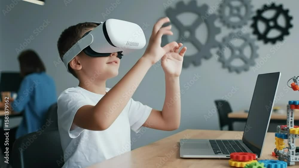Young boy explores virtual reality with VR headset technology education