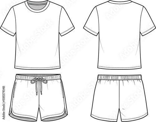 T-shirt and shorts fashion sketch front back, elastic waistband, round neck, side pockets, garment template, casual wear illustration, clothing design drawing