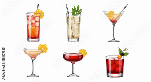 Vector Illustration Refreshing Cocktail Collection of Drinks, Citrus, and Ice