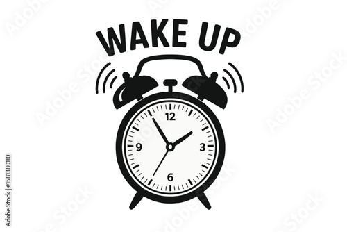Alarm clock with wake up inscription. Wake up time. Alarm clock, bell. Loud signal to wake up in the morning from bed. Getting up in the morning. Deadline concept. Good morning.