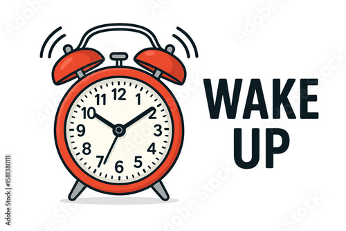 Ringing red alarm clock with wake up inscription. Morning time concept. Loud sound alert for getting up. Retro vector icon for daily routine, schedule and deadline.