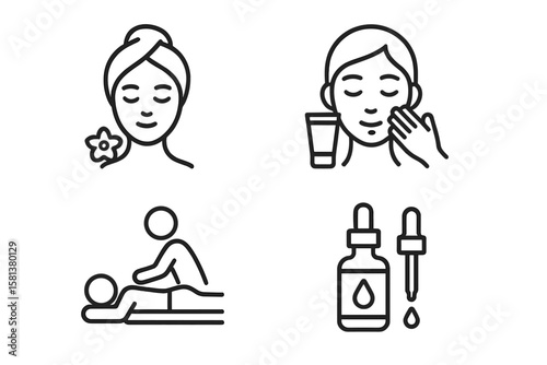 Beauty and Spa set of 4 line style web icons, cosmetics and spa services for web and mobile apps, including spa treatments, skin care, massage, hyaluronic acid serum