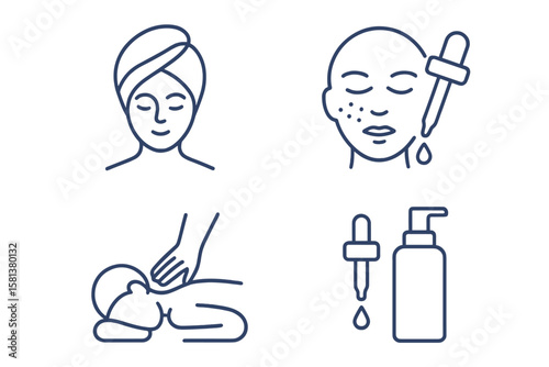 Beauty and Spa line icons. Cosmetics services. Spa treatments. Skin care and massage. Hyaluronic acid serum. Wellness and relaxation. Web and mobile app graphics.