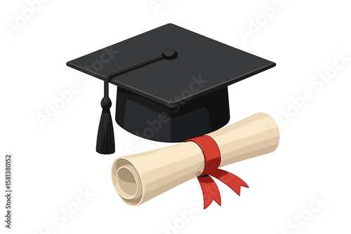 Black graduation cap with diploma scroll. University graduate hat for academic degree ceremony. Education symbol for celebration and achievement. Mortarboard and tassel vector.