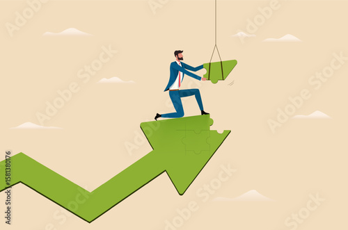 Businessman putting together a puzzle piece on a growth arrow, solving a problem, making a strategy for success. Vector image with the concept of setting up a successful business.