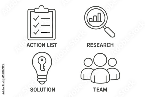 Business strategy icon set. Thin line style for web and mobile apps. Action list, data research, creative solution, and team collaboration. Vector for startup marketing.