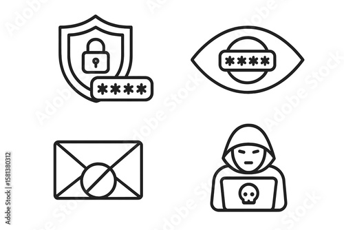Cyber Security Vector Icons Set. Password Protection, Data Encryption, Network Safety, Hacker, Phishing, Shield, Lock, Eye, Envelope. Line Style. Internet Security, Web, Mobile App