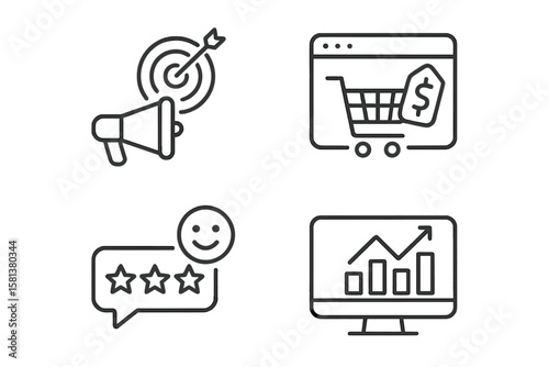 Digital marketing line icons set. Targeted advertising, e-commerce shopping cart, customer feedback, business analytics. Web, mobile app, SEO, sales, online ads, analytics