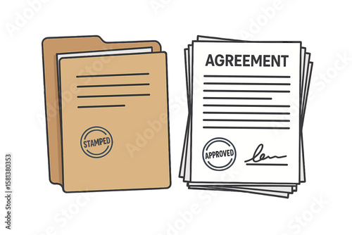Business paperwork concept. Stamped folder and approved contract documents. Stack of agreement papers with signature, approval stamp. Legal forms, office documentation, contract management