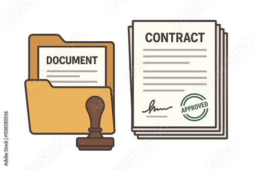 Business Document Management Concept. Folder with Official Document, Rubber Stamp, Approved Contract Papers, Signature, Agreement, Legal Paperwork, Office Administration, Vector Illustration