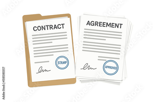Business contract and agreement documents with signature, approval stamp, folder, official paperwork, legal papers, signed forms, business administration, office documentation