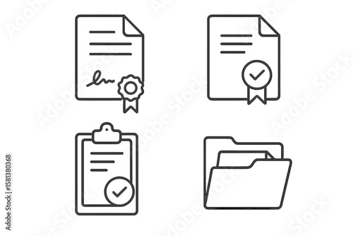 Document and file management icon pack: linear web icons featuring certificate with ribbon seal, approved document check mark, clipboard checklist, contract invoice papers and folder