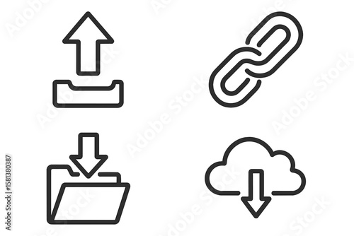 Set of 4 web line icons: upload arrow, download folder, cloud download, chain link. Outline symbols for digital file transfer, cloud storage and data sharing.