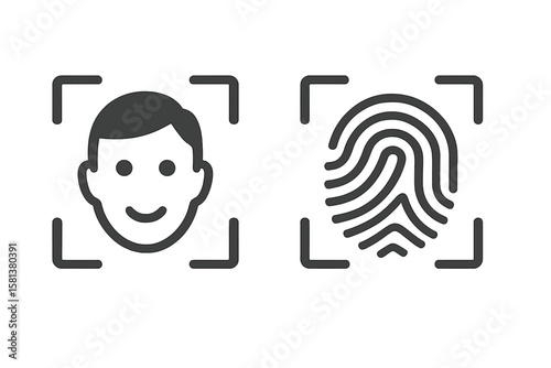 Biometric Security Identification Icons Set. Face Recognition, Fingerprint Scanner, Touch ID, Facial Authentication, Digital Access Control, Personal Data Protection, Vector Illustration