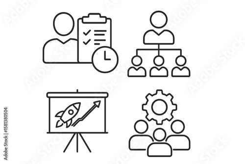 Set of 4 Linear Style Management Icons for Web and Mobile App—Project Management, Business Organization, Planning, Startup, Teamwork, Growth Symbols