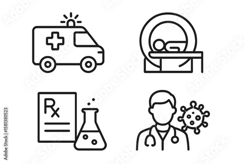 Medicine and health care web icon set. Emergency ambulance transport icon, MRI diagnostic scan, prescription form with laboratory flask, doctor with virus symbol, medical equipment