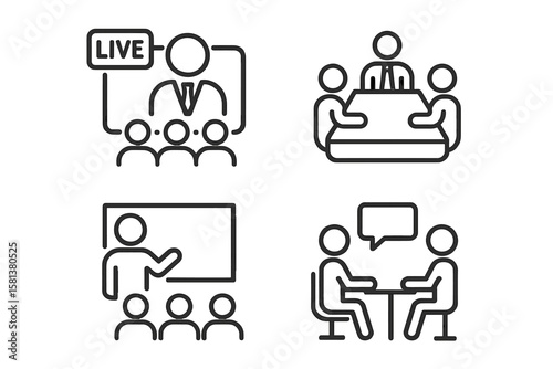 Business meeting, live webinar, classroom teaching, interview icons set. Line style vector. Conference, teamwork, online seminar, education, communication, discussion, training