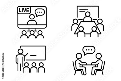 Business meeting and communication icon set. Line style vector. Live webinar, conference, classroom training, team discussion, interview, seminar, online education symbols