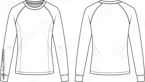 Long sleeve shirt fashion sketch, front and back view, apparel template, garment design, vector layout, flat sketch, clothing mockup, stitching detail, white background