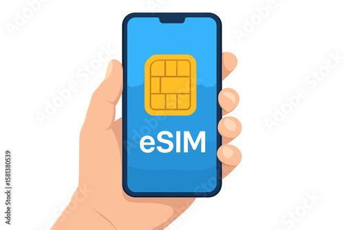 Hand Holding Smartphone with eSIM Icon, Embedded SIM Card Chip, Modern Mobile Communication Technology, Digital Connectivity, Wireless Network, Smart Device Concept