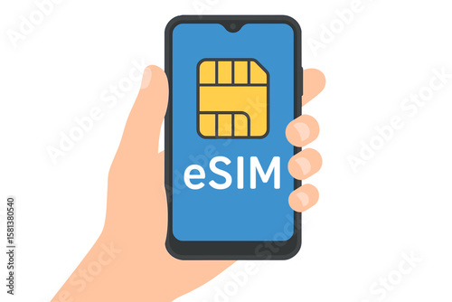 Mobile Device with Embedded eSIM Chip Icon, New Mobile Communication Technology Concept, Smart Phone Digital SIM Card Symbol, Hand Holding e-SIM Chip Illustration