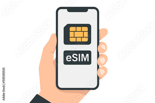 Hand Holding Smartphone with eSIM Chip Icon, Embedded SIM Card Technology, Modern Mobile Communication, Digital SIM Card Concept, Wireless Connectivity, Smart Device Innovation