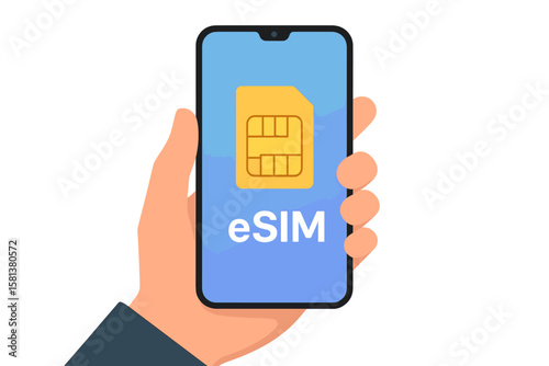 Mobile device with embedded eSIM chip concept, new smart phone communication technology, digital SIM card icon, hand holding mobile with advanced e-SIM connectivity