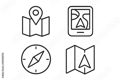 Navigation and Location Icons Set. Line Style Map Pin, GPS, Compass, Navigator, Marker. Modern Web and Mobile App Symbols. Travel, Direction, Geolocation, Wayfinding, Cartography Elements