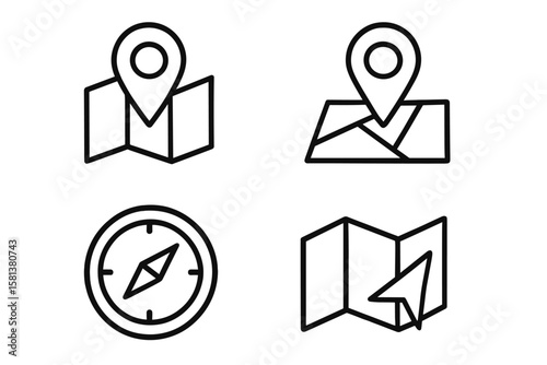 Line style navigation and location icons set. Map pin marker on folded map. GPS compass dial and navigator arrow. Web and mobile app map outline vector icon collection