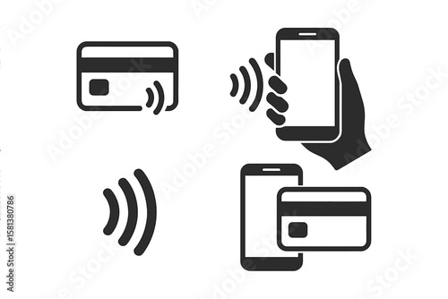 Contactless NFC Payment Icons Set. Wireless Payment Technology Symbols. Mobile Phone and Credit Card Tap to Pay. Digital Wallet, Cashless Transaction, Secure NFC Banking