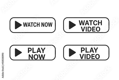 Set of 4 modern flat style web buttons with play icons. Watch now, play video, watch video, play now. Online streaming, media player, UI elements, vector design