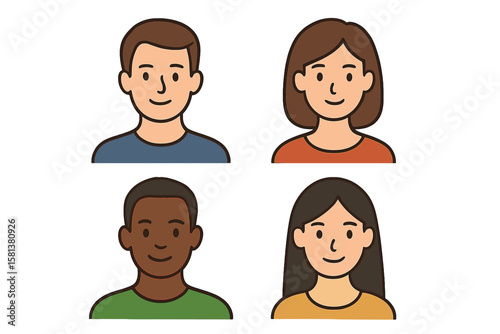 Set of four diverse avatar profile icons, flat vector human face portraits featuring male and female characters of different ethnicities for user account, forum and gaming